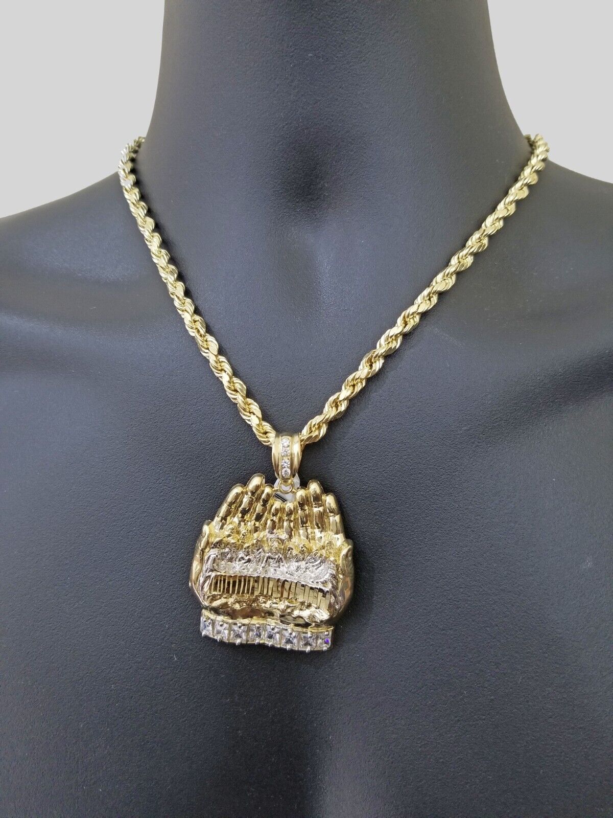 Real 10k Yellow Gold Rope Chain 24" Necklace Praying Hand Last Supper Pendant - GoldenlinQ